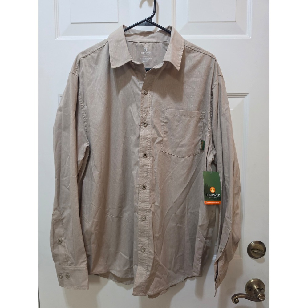 Sun River Clothing Co Mens Large Khaki Tan Dobby Stitch Button Down Shirt NEW